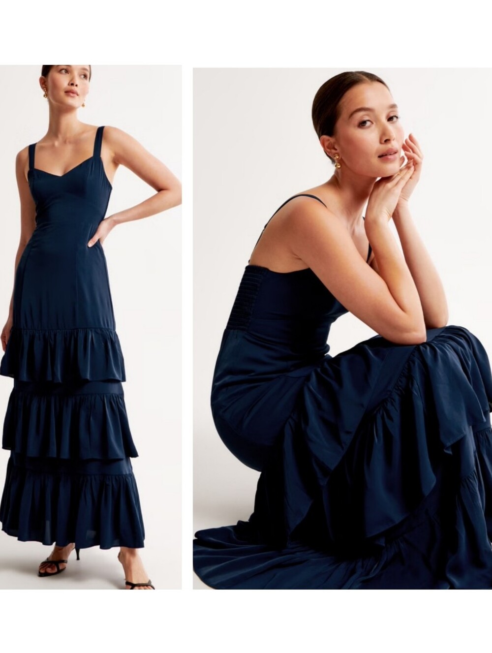 Abercrombie & Fitch Ruffled Tiered Maxi Dress Navy Medium Tall MT - Picture 2 of 8